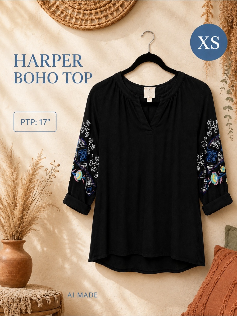 Harper Black Embroidered Boho Top Size XS